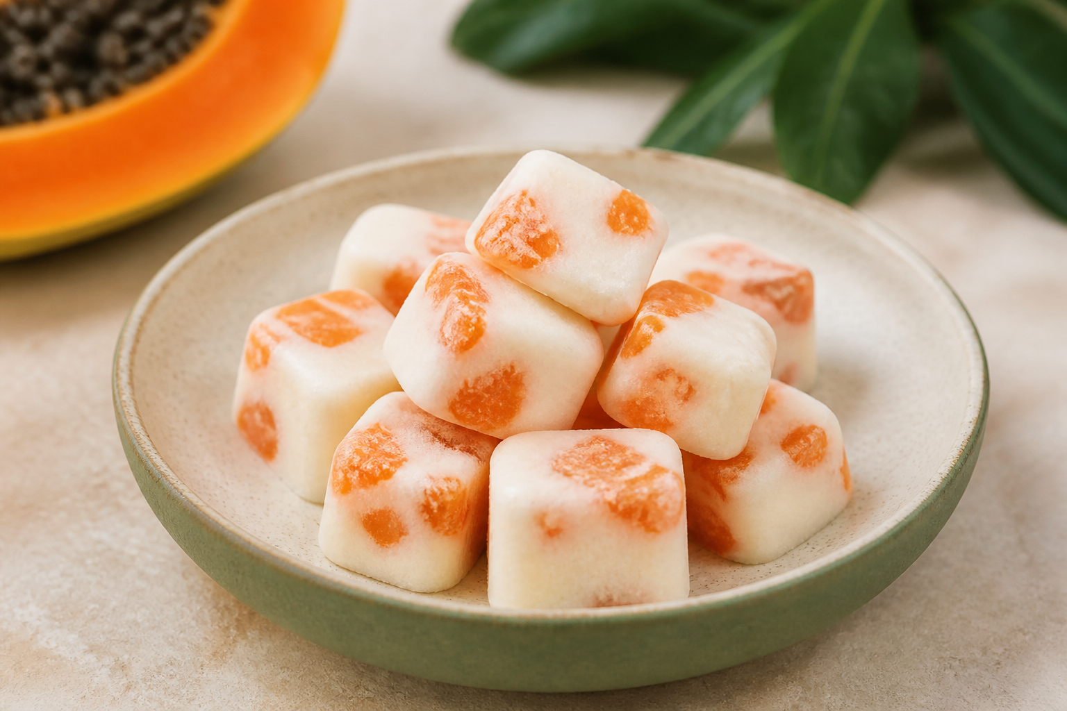 Cubinhos Gelados de Mamão e Iogurte